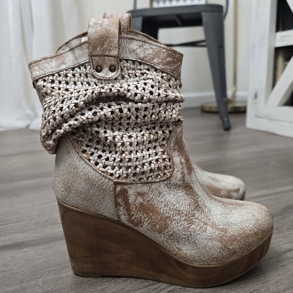 Bed Stu Beige and Brown Woven Leather Wedge Booties